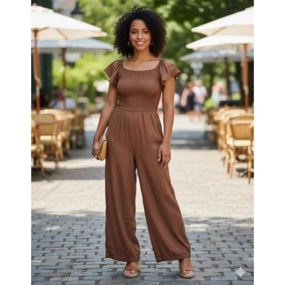 Japna Smocked Flutter Sleeve Wide Leg Jumpsuit Terracotta Brown Mauve Boho